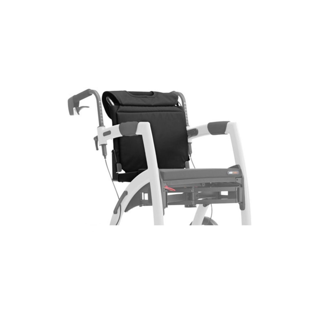 The Rollz Motion Rollator Accessories, a lightweight gray and black walker, offers a cushioned backrest and armrests. Designed for support and stability with sturdy handles, its ideal for those seeking comfort and mobility efficiency against a plain white background.